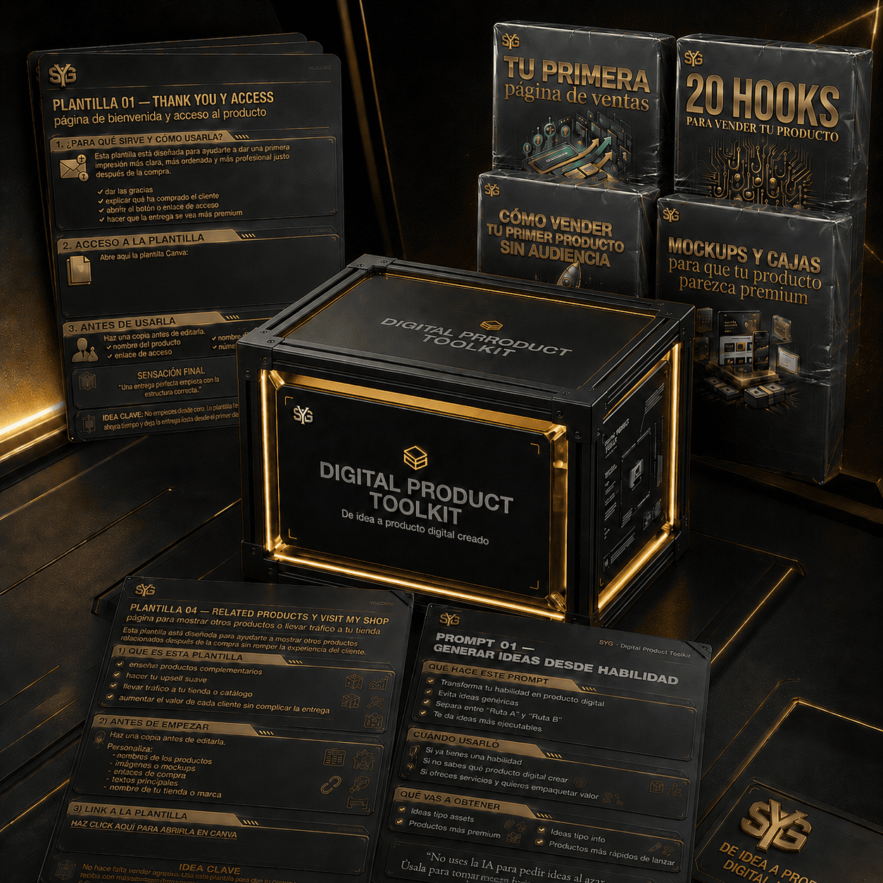 Mockup principal de Digital Product Toolkit con caja, bonus y fichas