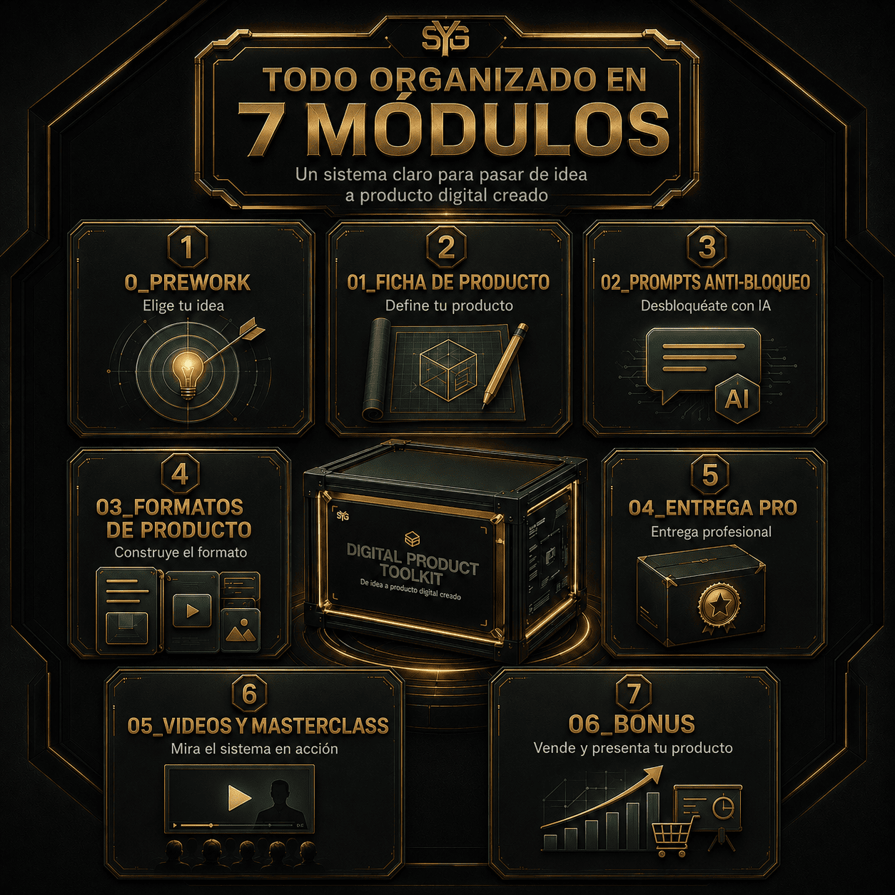 Mapa visual de los 7 módulos de Digital Product Toolkit
